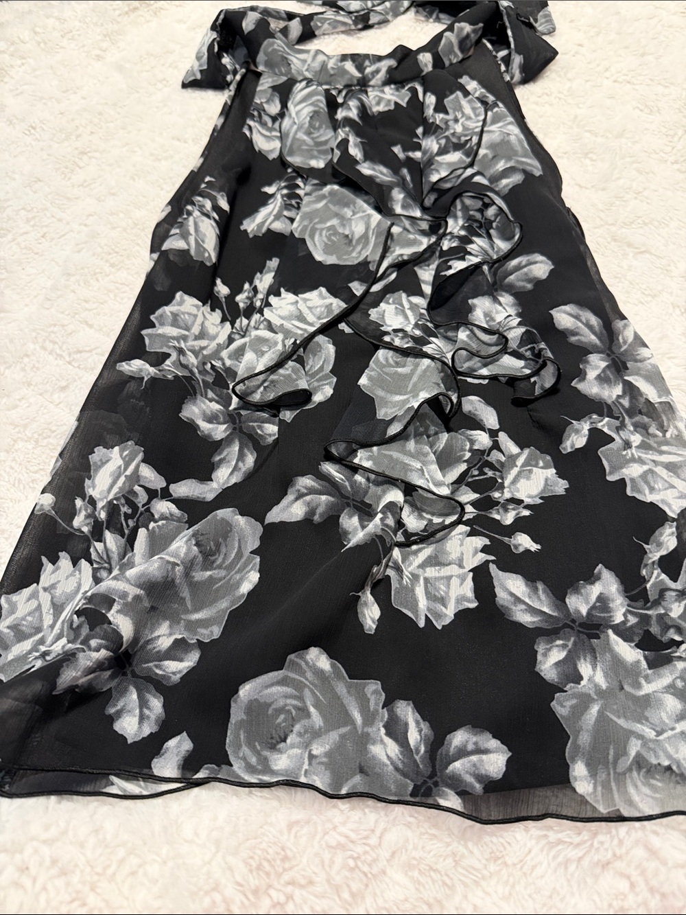 Iz Byer Black and White Floral Halter Ruffle Blouse